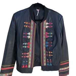 Free People Faux Leather Embroidered Moto Jacket Size 8